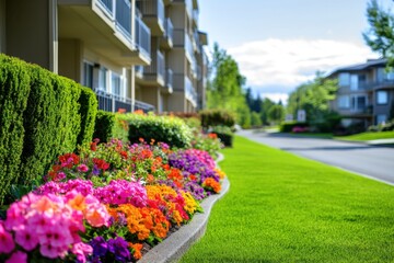 an apartment complex with green lawns and colorful flowers on the sidewalk, and large balconies for each unit The building is surrounded by hedges to create private outdoor spaces Generative AI