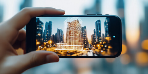 Hand holding smartphone displaying city skyline with architectural design overlay. Urban setting with modern buildings illuminated at dusk. Concept of architecture, real estate, urban planning