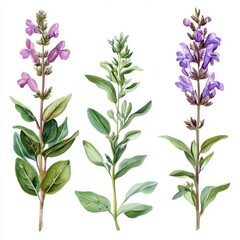 Watercolor Sage Illustration:  Three distinct watercolor illustrations showcasing the beauty and detail of sage plants.