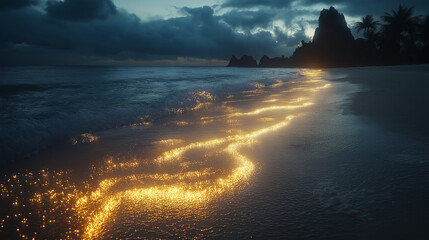 Magical golden sunset beach waves illuminating the sand near dark silhouette rocks and palm trees at