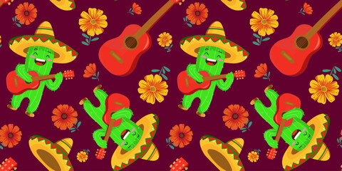 Obraz premium Seamless Mexican pattern with cute cactus playing guitar, sombreros, and vibrant flowers on a dark background. Perfect for Cinco de Mayo, Day of the Dead, and festive decor