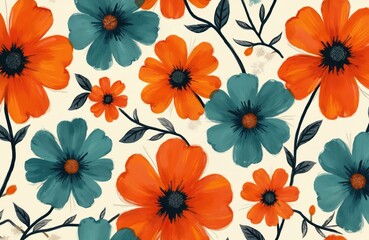 Colorful abstract floral art pattern with hand drawn flowers and leaves. Vintage style acrylic painting illustration ideal for spring season print design. Vibrant blooms on canvas.