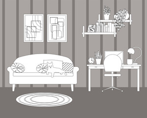 Study room. Line sketch. Desk, computer and work chair. Sofa with pillows. Pictures on the wall and shelves with personal belongings. Cat on the sofa. Flowers in pots. Vector illustration
