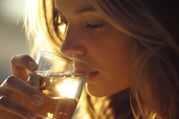 Young caucasian female enjoying refreshing glass of water in sunlit setting