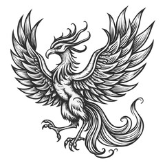 Phoenix Ascending: A majestic phoenix bird in black and white, with wings outstretched in a dynamic pose, represents rebirth and transformation. This detailed illustration evokes power and resilience.