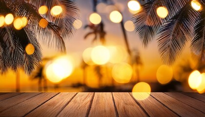 blurred light bokeh with coconut palm tree background on sunset yellow string lights with bokeh decor in outdoor restaurant