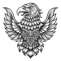 Obraz premium Majestic Eagle Illustration: A stunningly detailed grayscale illustration of a majestic eagle, featuring intricately rendered feathers and a commanding presence.