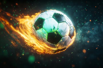 Fototapeta premium Fiery soccer ball in motion with dynamic light effects
