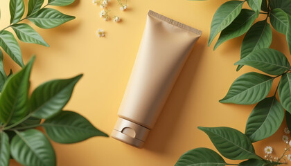 Beige Cream Tube on Yellow-Orange Surface with Leaves & Flowers | Fresh Natural Aesthetic | Concept of Eco-Friendly Beauty, Cosmetic Branding, Organic Product Mockups