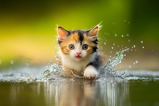 Playful calico kitten splashing in water on a sunny day