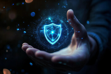 hand with a hologram of a shield and key symbol over it