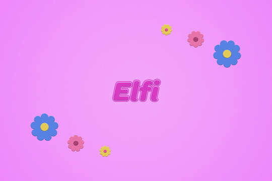Elfi female girl name illustration in pink with blossoms, flowers