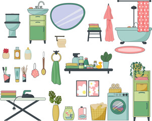 Bathroom furniture set. Bath with shower and curtain. Toilet and sink with cabinet. Shelf with personal hygiene items. Laundry basket, washing machine and ironing board. Vector illustration