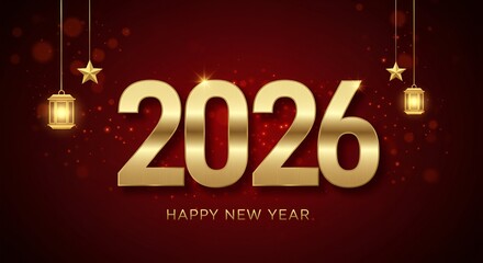 Golden 2026 numbers with holiday lights on red festive background