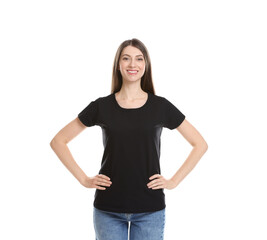 Obraz premium Woman wearing blank black t-shirt on white background. Mockup for design