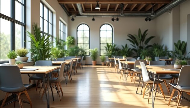 Modern workspace with individual desks comfortable chairs plants, creating pleasant working environment. Bright interior wooden floors. Office cafe decor, dining space. Empty cafe, restaurant. Wooden
