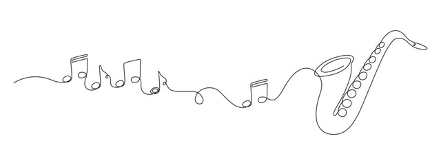 Saxophone with notes in one continuous line drawing. Wind musical instrument for orchestra and jazz concert banner in simple linear style. Editable stroke. Doodle oneine vector illustration