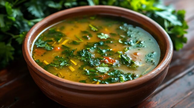 Indian Mizo Bai Fermented Bamboo Shoot Soup a handcrafted clay bowl high key lighting making its golden broth and vibrant greens glow naturally