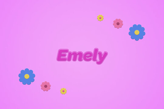 Emely female girl name illustration in pink with blossoms, flowers