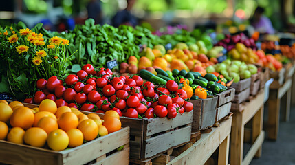 Farmers market produce display, vibrant fruits vegetables, shoppers background, healthy food sale