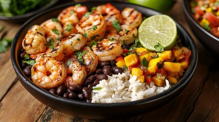 Fototapeta premium Grilled shrimp bowl with rice, beans, mango salsa, and a lime wedge.