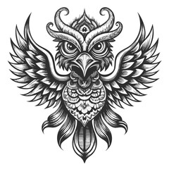 Fototapeta premium Symbol of Wisdom: A detailed monochrome illustration showcases a majestic owl with open wings, intricately designed with feathers and a captivating gaze, representing wisdom and knowledge.