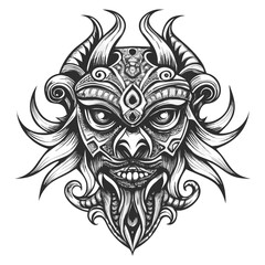 Obraz premium Intricate Tribal Mask: A striking illustration depicting a detailed tribal mask with intricate patterns, symbolizing ancient tradition and spiritual power. The mask is rendered in black and white.