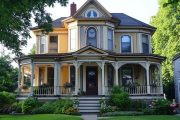 Obraz premium Charming Victorian Duplex With Intricate Details And Classic Bay Windows