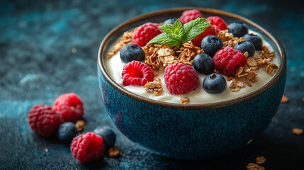 Healthy yogurt bowl with mixed berries and granola