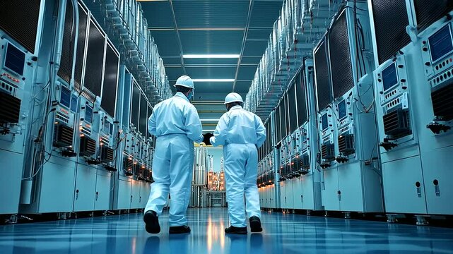 A wide industrial shot where engineers in flame-resistant suits inspect the base of towering power transformers, surrounded by layers of cooling systems, pressure gauges, and volta