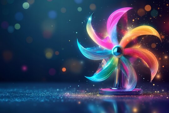 Vibrant neon pinwheel against a glittering bokeh background