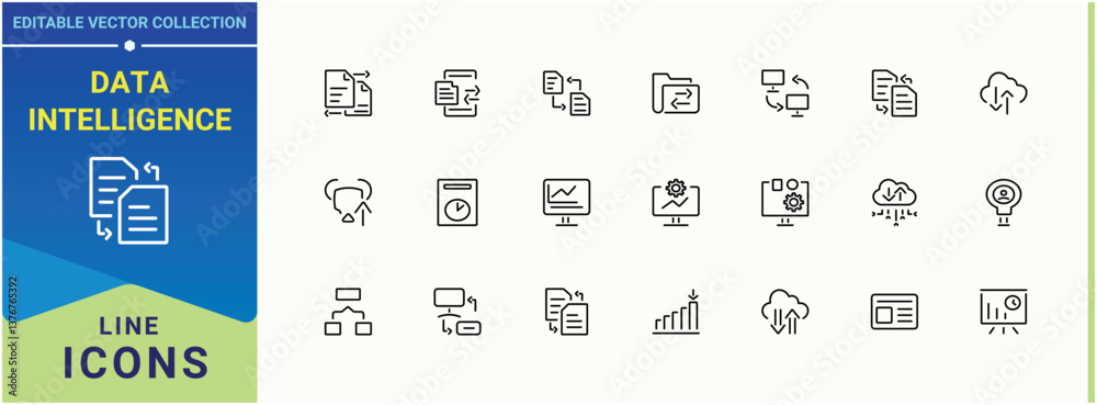Poster data intelligence vector icon set. containing data, database, computing, management, analysis, resea