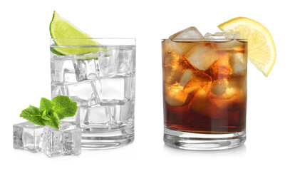 Different refreshing drinks with ice cubes isolated on white