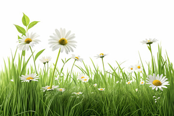 A template of six painted easter eggs celebrating a Happy Easter with a wooden bench & green meadow grass to place products in front of with a transparent background,Fresh green grass with white daisi