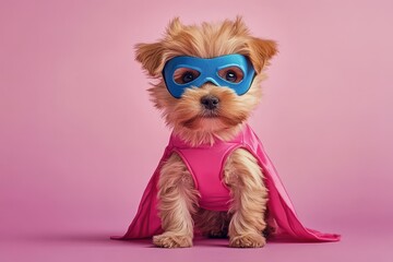 Adorable puppy dressed as a superhero in a pink cape and blue mask against a pink background.