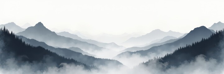 Naklejka premium Misty Mountains Landscape with Evergreen Trees