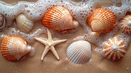 Collection of sea shells on sand beach top view texture map pattern background