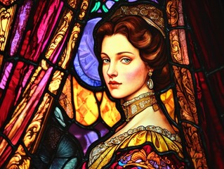 Stained Glass Beauty: An image of a young woman with auburn hair and ornate attire, depicted in vibrant, multicolored stained glass.
