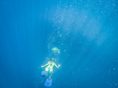 Rear view of a teenage Girl swimming with a turtle in the ocean, Gili Islands, West Nusa Tenggara province, Indonesia