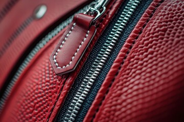 Close-up of a textured red leather bag with a detailed zipper and stitched design.