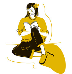 Girl is sitting and reading a book. She has an orange sweater and an orange leaf sticking out of her hair. Vector illustration isolated on a white background