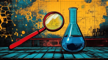 comic book art, vibrant pop art scene featuring a red magnifying glass, electric blue flask, comic elements, and a vibrant background with text space on a lab table