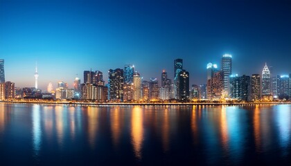 Obraz premium Generated imageCity skyline at night, illuminated buildings, urban landscape, long exposure.