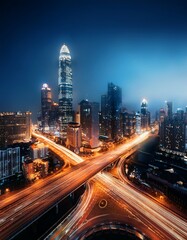 Obraz premium Generated imageCity skyline at night, illuminated buildings, urban landscape, long exposure.