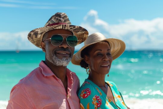 Middle aged African American couple on summer vacation on a beach - Powered by Adobe