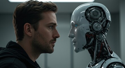 Fototapeta premium Human and AI Robot Face-to-Face Encounter