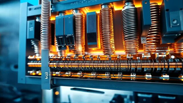 Intense close-up of a towering power transformer, highlighting the maze of copper busbars, heavy-duty cooling radiators, and dense high-voltage lines wrapped around industrial insu