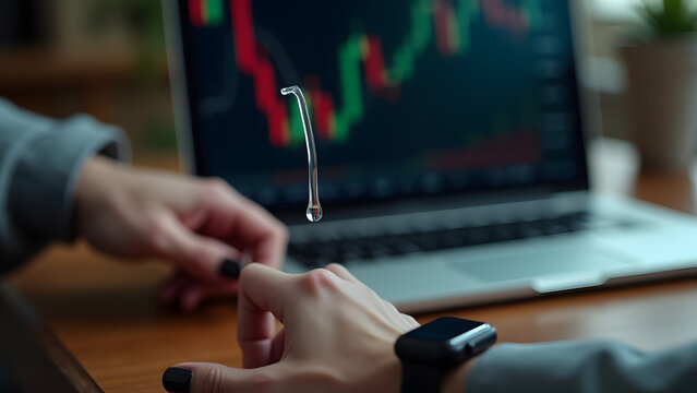 Trading workstation transformed by hyper-detailed water lens, distorting financial data in midair. - Powered by Adobe