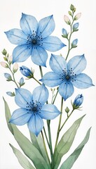 Elegant blue flowers and buds on white background for botanical design