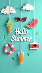 Hello summer concept with ice cream, sunglasses, and watermelon for a vibrant seasonal greeting
